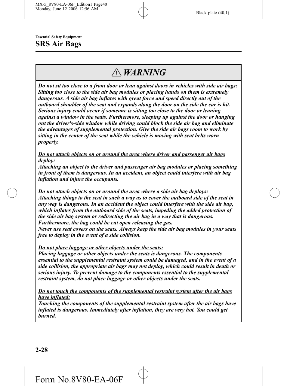 Warning, Srs air bags | Mazda MX-5 User Manual | Page 41 / 407