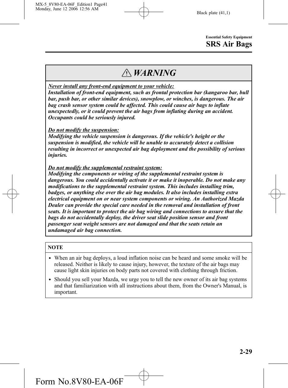 Warning, Srs air bags | Mazda MX-5 User Manual | Page 42 / 407
