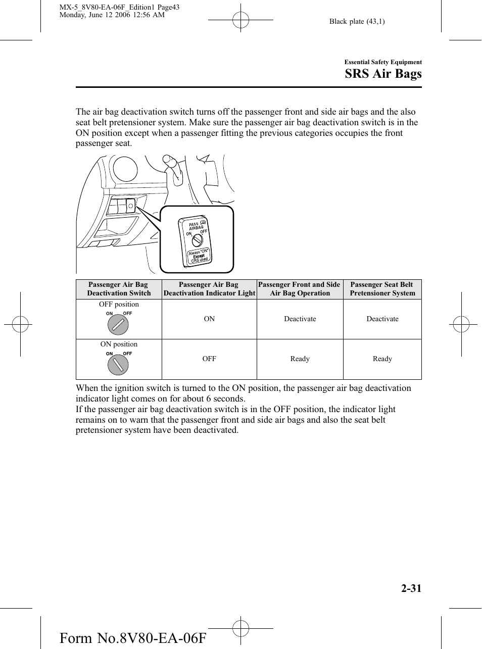 Srs air bags | Mazda MX-5 User Manual | Page 44 / 407
