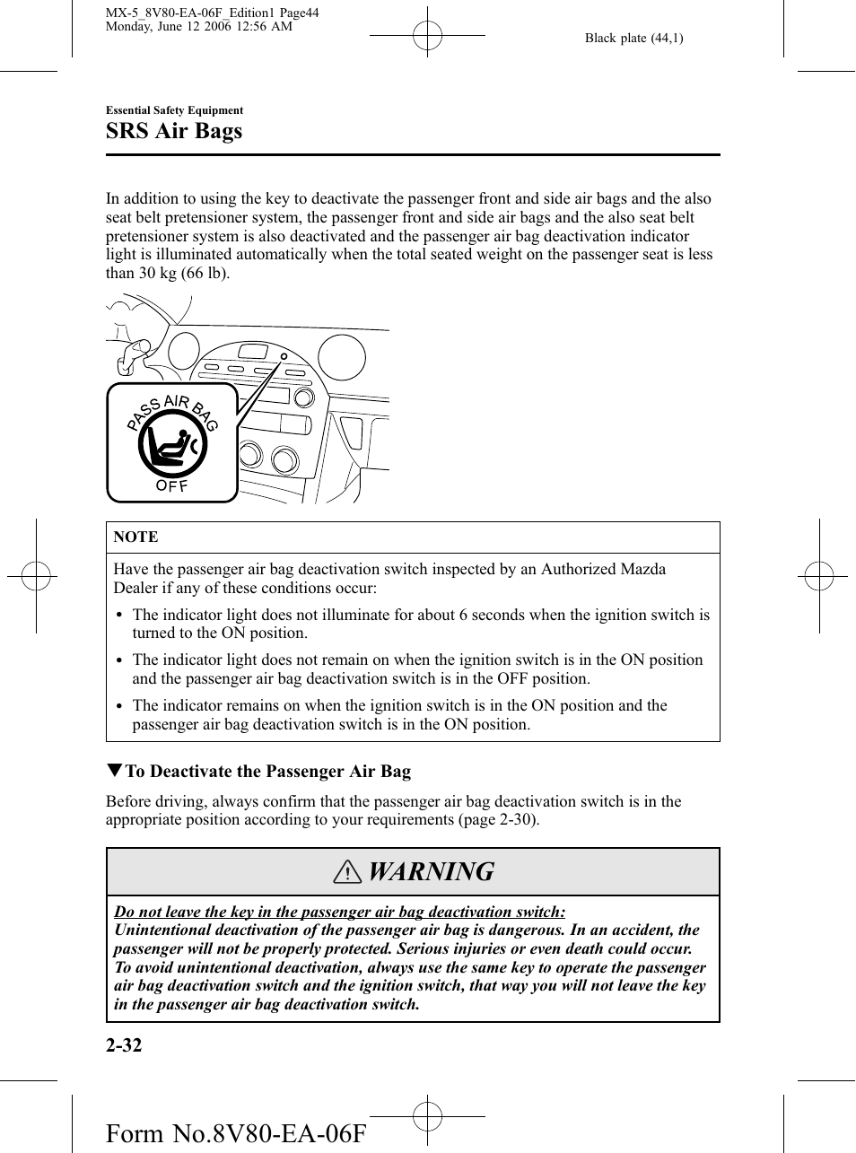 Warning, Srs air bags | Mazda MX-5 User Manual | Page 45 / 407