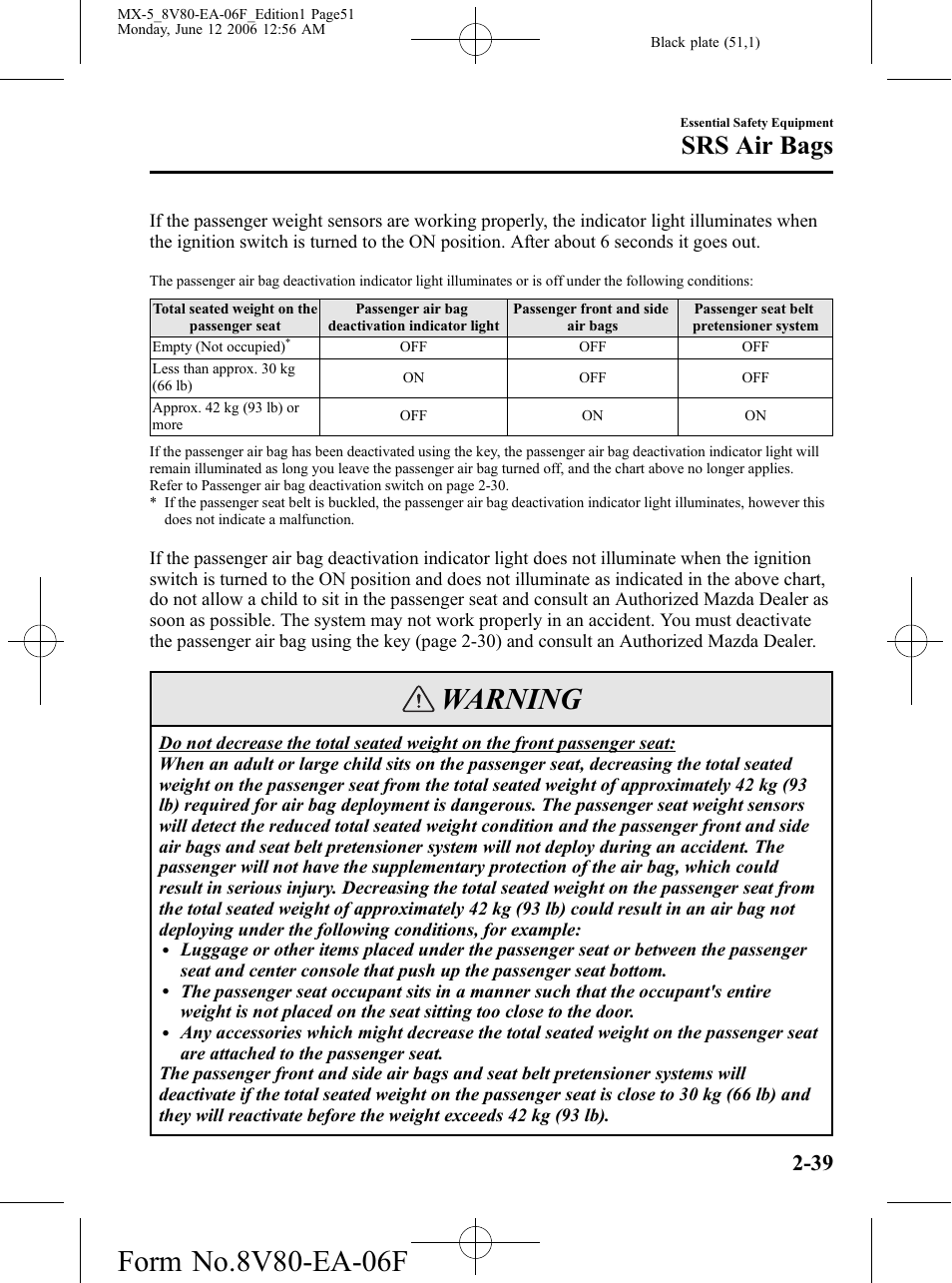 Warning, Srs air bags | Mazda MX-5 User Manual | Page 52 / 407