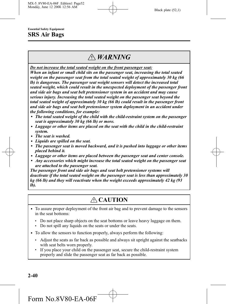 Warning, Caution, Srs air bags | Mazda MX-5 User Manual | Page 53 / 407