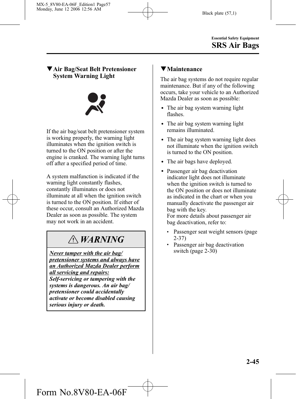 Warning, Srs air bags | Mazda MX-5 User Manual | Page 58 / 407