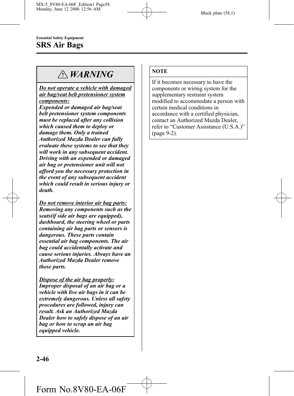 Warning, Srs air bags | Mazda MX-5 User Manual | Page 59 / 407