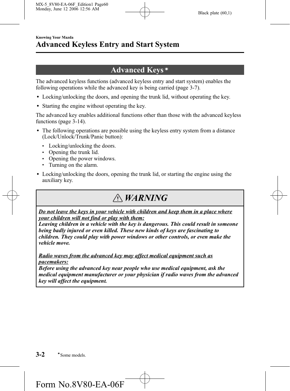 Advanced keyless entry and start system, Advanced keys, Advanced keyless entry and start system -2 | Warning | Mazda MX-5 User Manual | Page 61 / 407