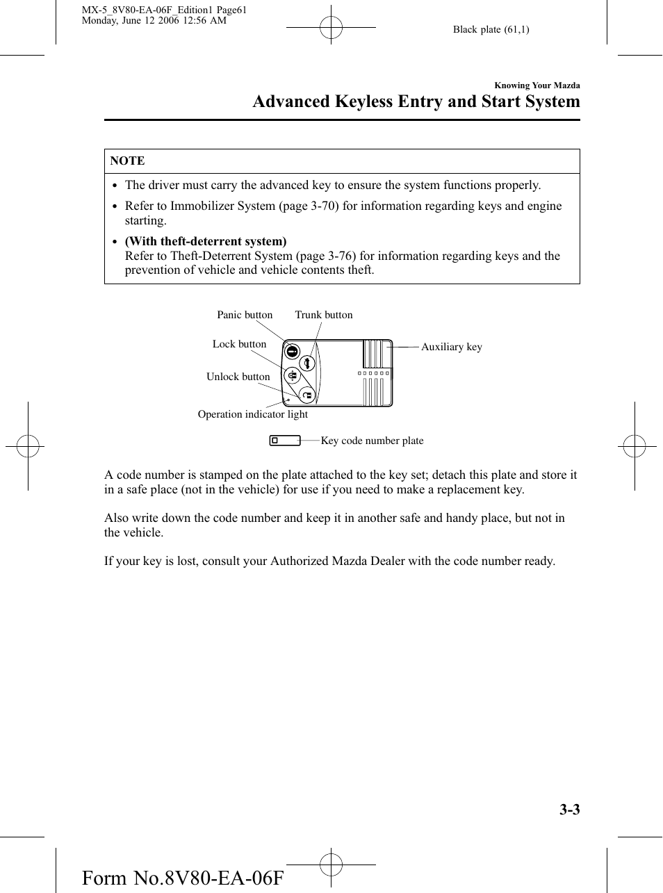 Advanced keyless entry and start system | Mazda MX-5 User Manual | Page 62 / 407