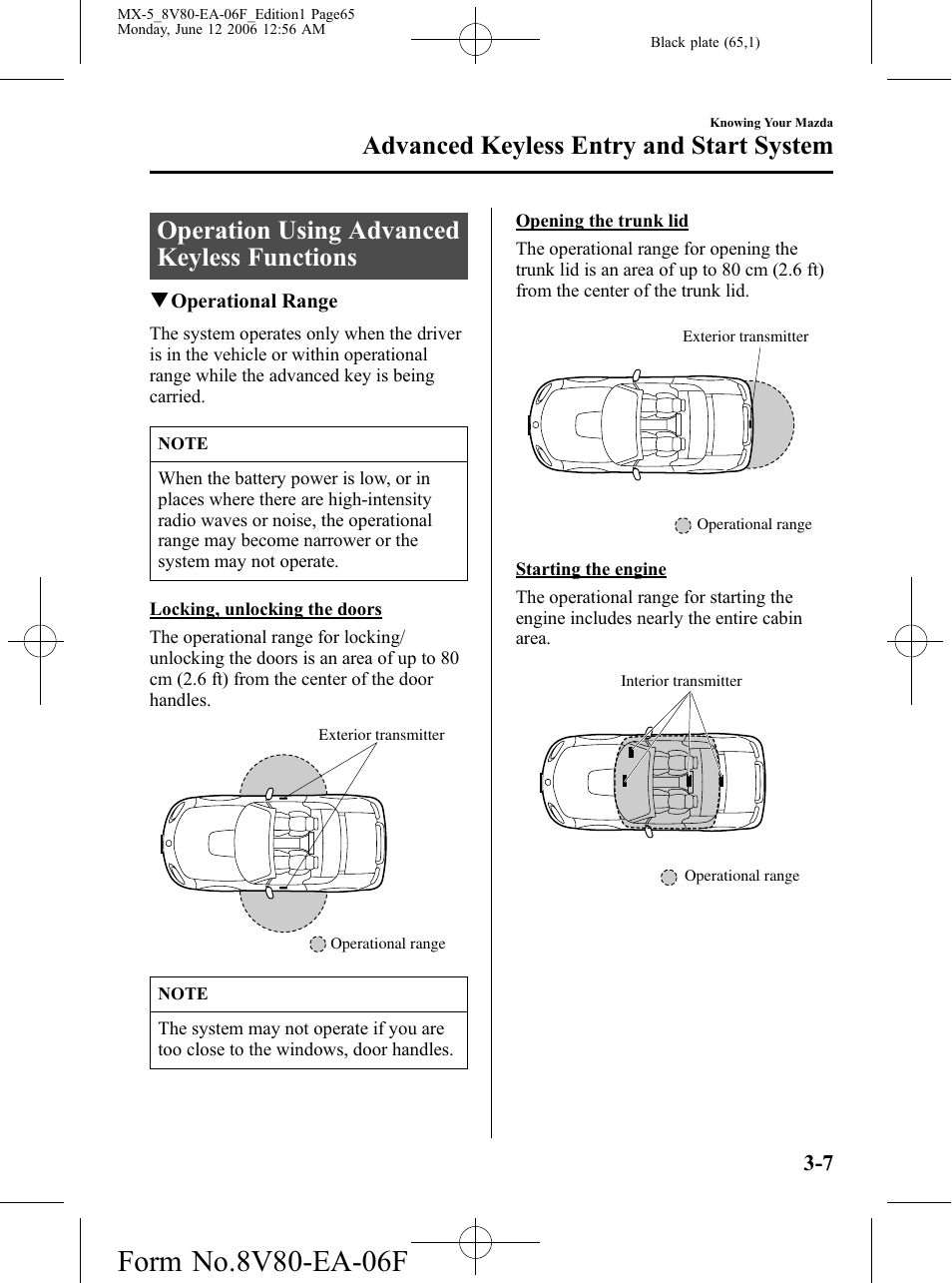 Operation using advanced keyless functions, Operation using advanced keyless functions -7, Advanced keyless entry and start system | Mazda MX-5 User Manual | Page 66 / 407