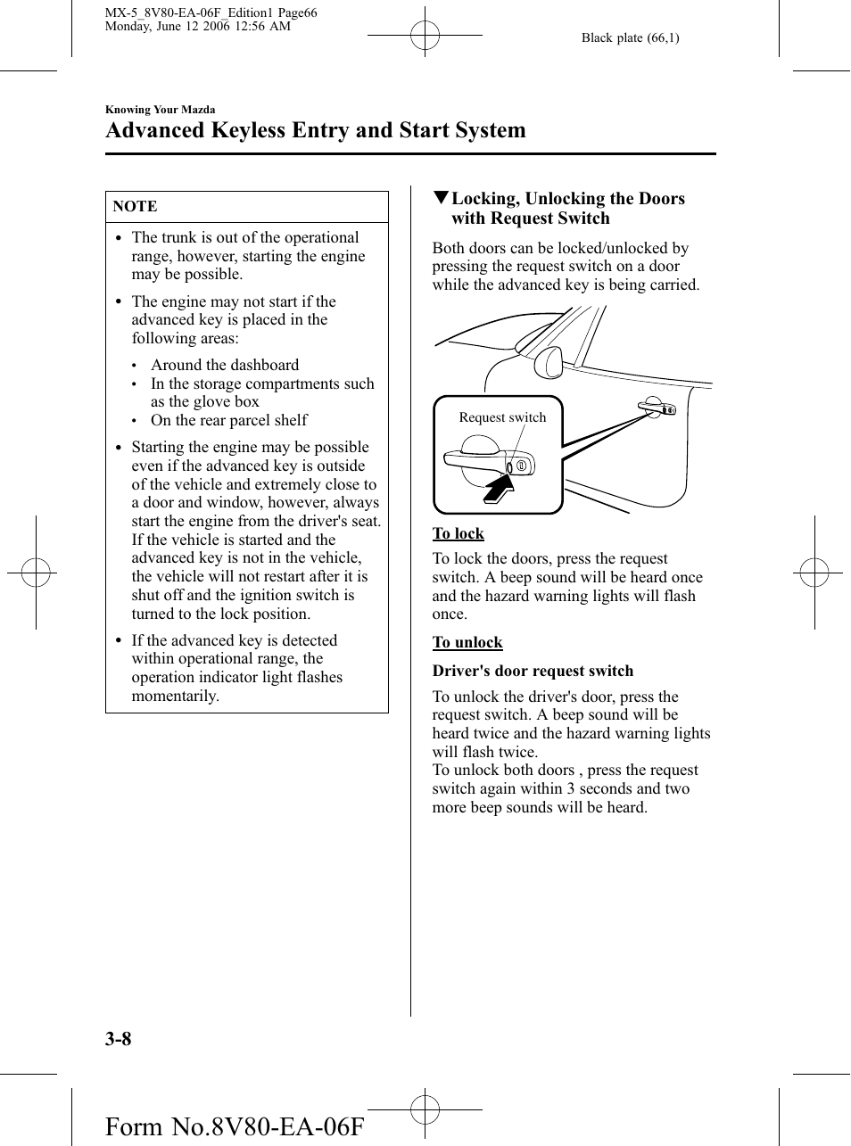 Advanced keyless entry and start system, Qlocking, unlocking the doors with request switch | Mazda MX-5 User Manual | Page 67 / 407