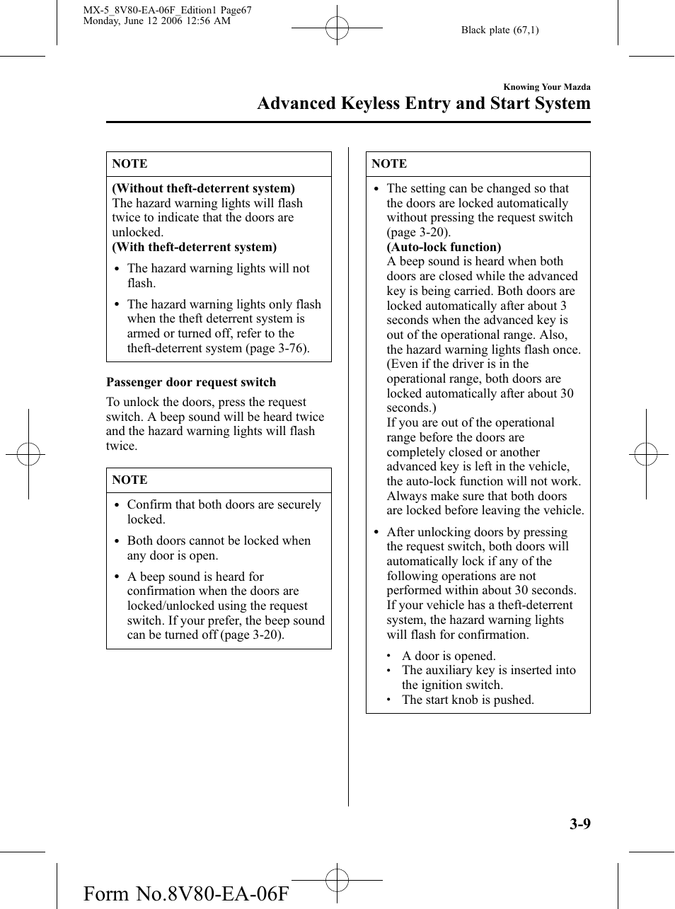 Advanced keyless entry and start system | Mazda MX-5 User Manual | Page 68 / 407