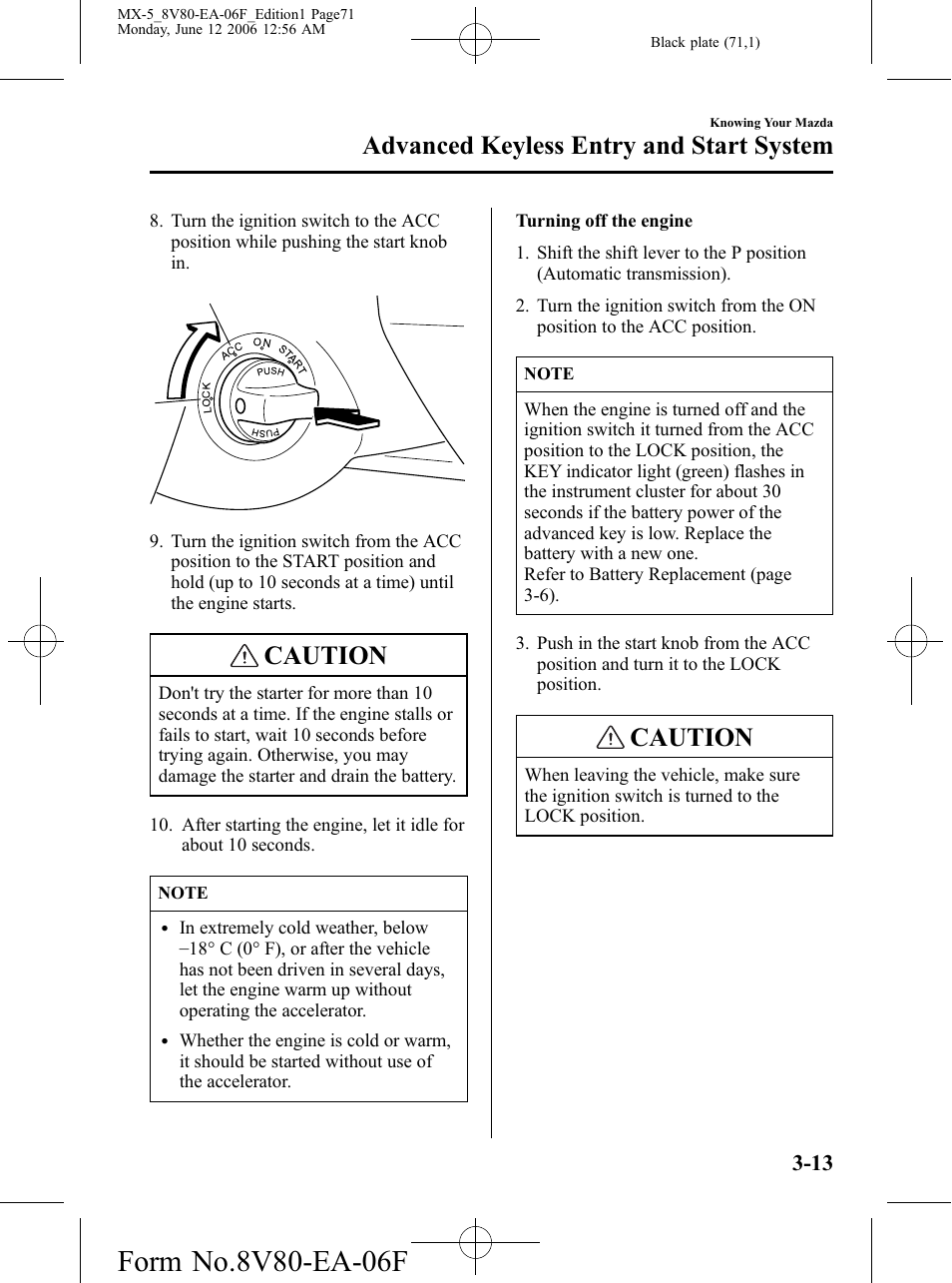 Caution, Advanced keyless entry and start system | Mazda MX-5 User Manual | Page 72 / 407