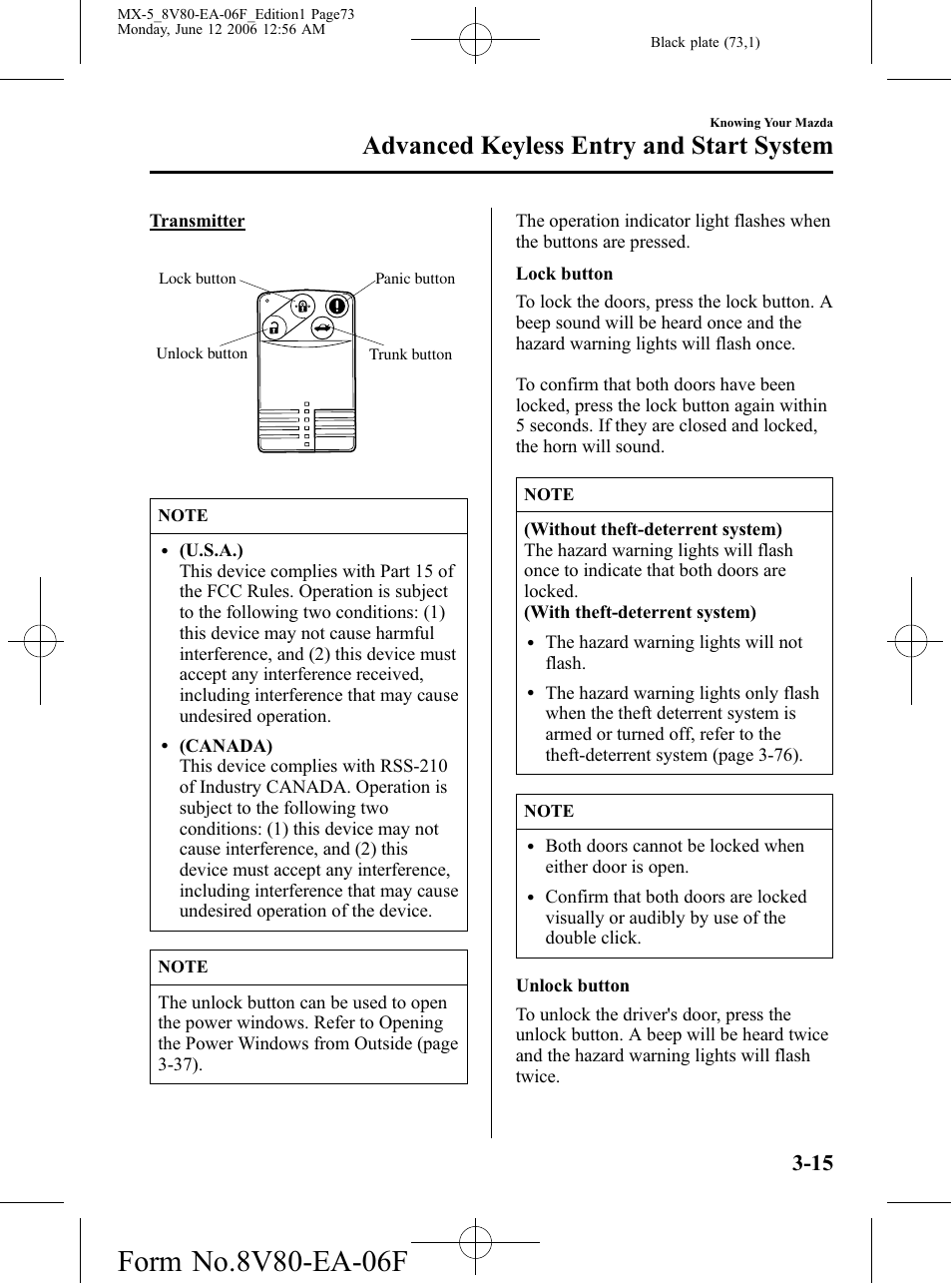 Advanced keyless entry and start system | Mazda MX-5 User Manual | Page 74 / 407