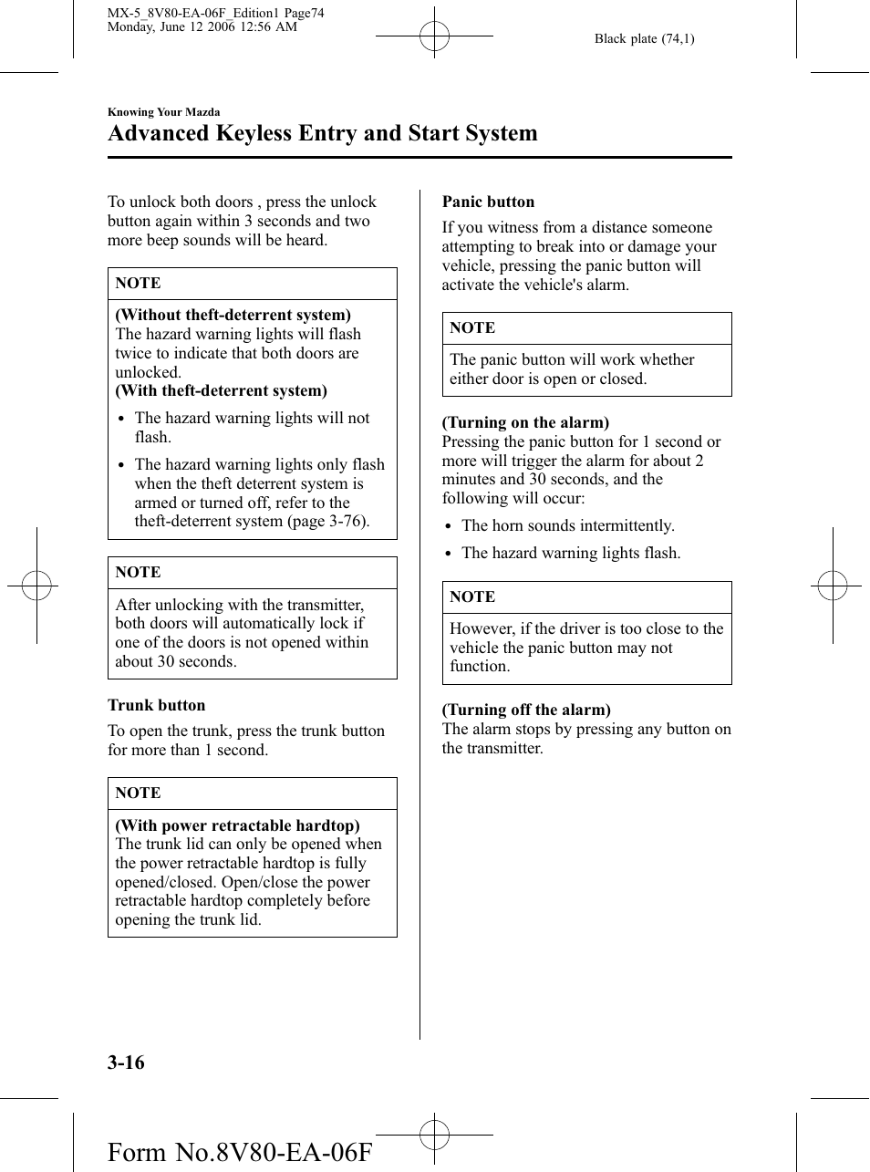 Advanced keyless entry and start system | Mazda MX-5 User Manual | Page 75 / 407