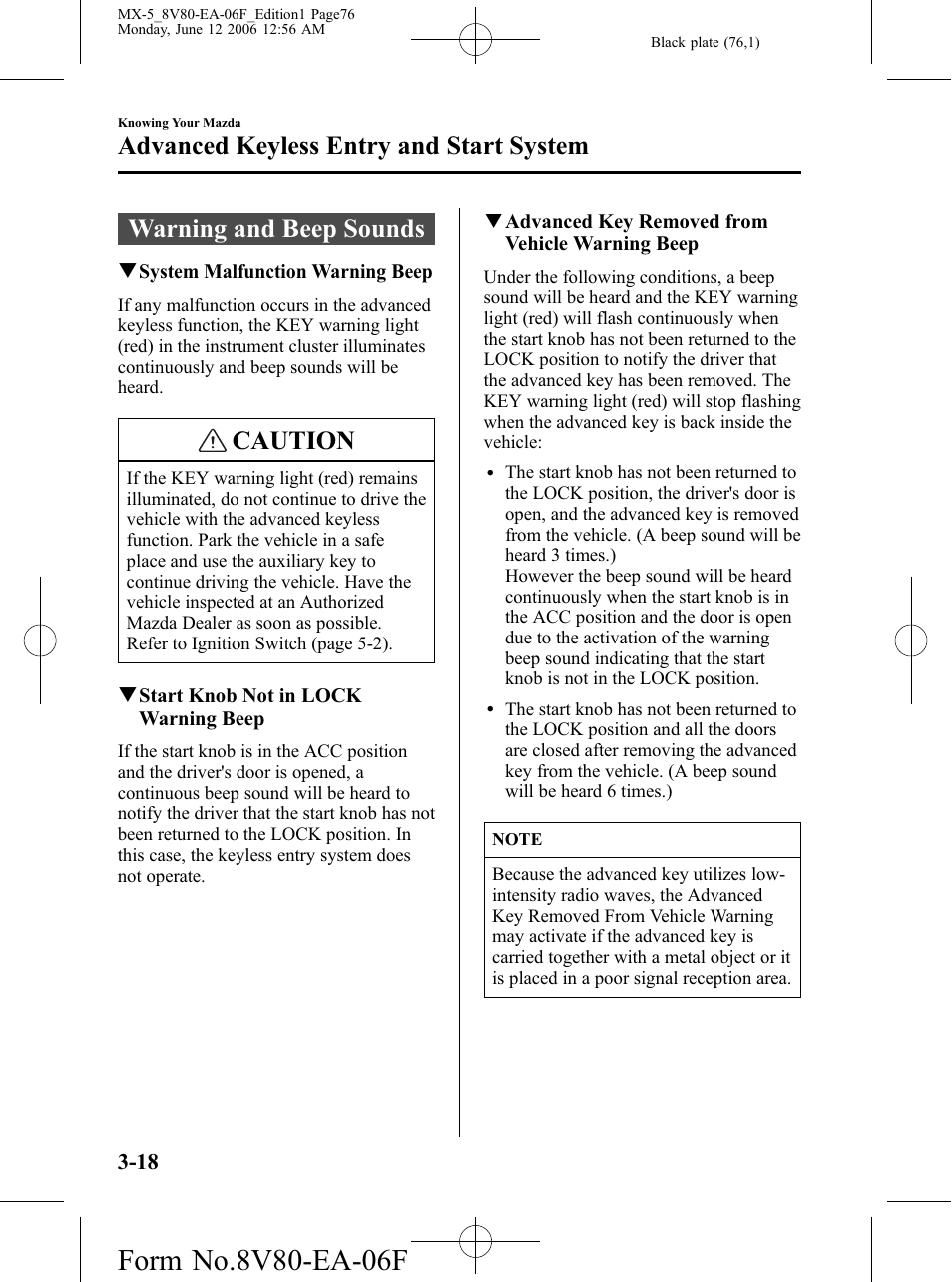 Warning and beep sounds, Warning and beep sounds -18, Caution | Advanced keyless entry and start system | Mazda MX-5 User Manual | Page 77 / 407