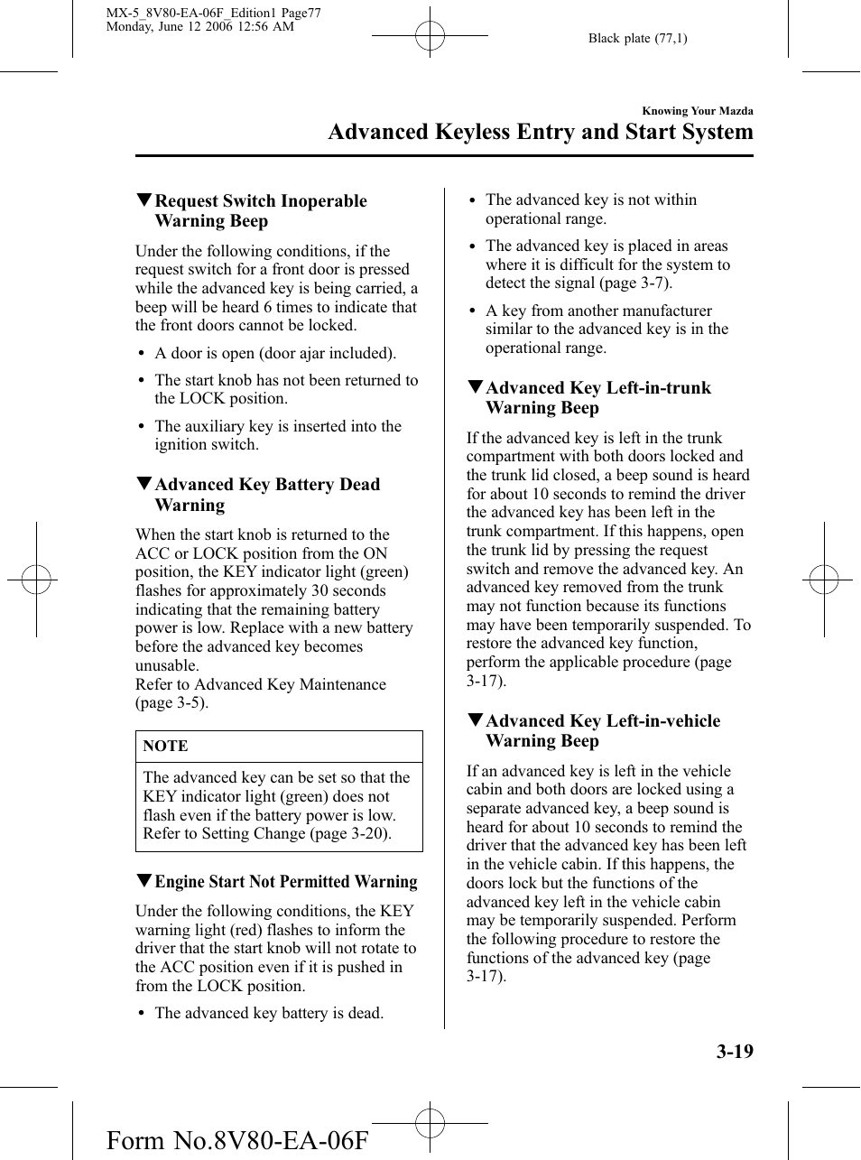 Advanced keyless entry and start system | Mazda MX-5 User Manual | Page 78 / 407