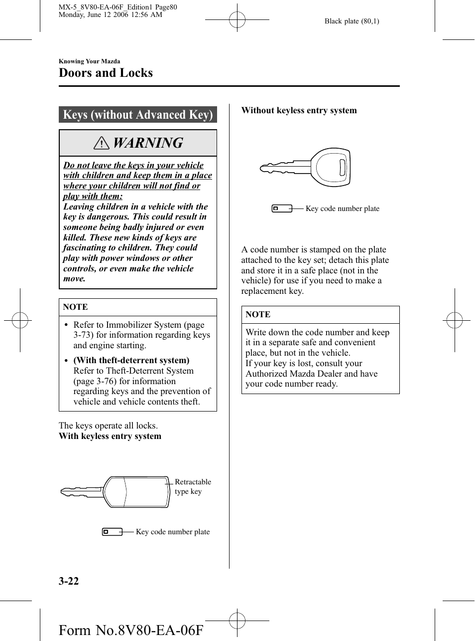 Doors and locks, Keys (without advanced key), Doors and locks -22 | Keys (without advanced key) -22, Warning | Mazda MX-5 User Manual | Page 81 / 407