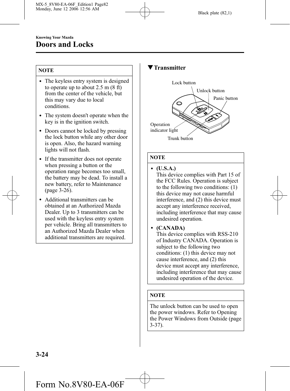 Doors and locks, Qtransmitter | Mazda MX-5 User Manual | Page 83 / 407