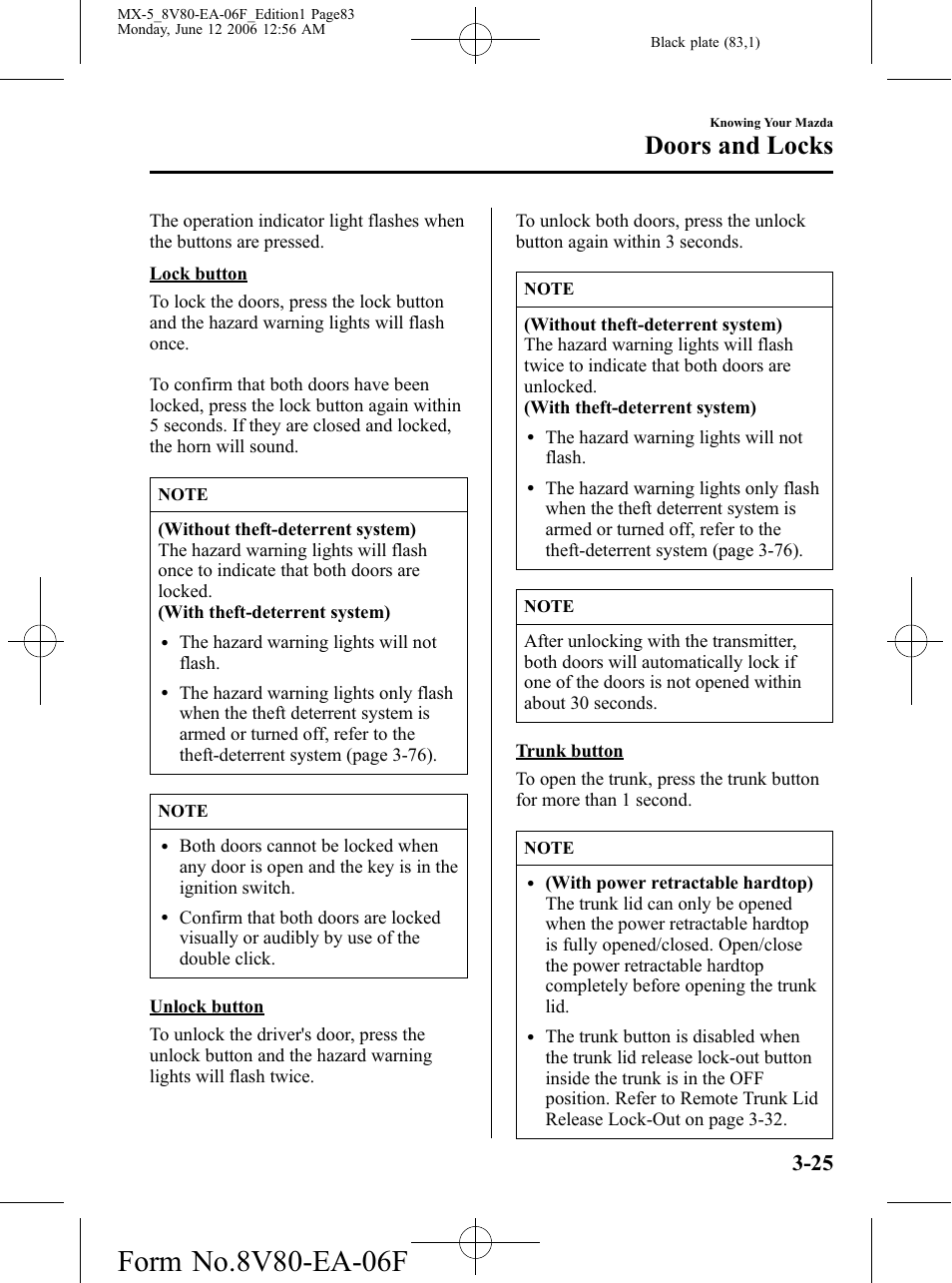 Doors and locks | Mazda MX-5 User Manual | Page 84 / 407