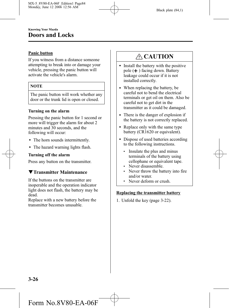 Caution, Doors and locks, Qtransmitter maintenance | Mazda MX-5 User Manual | Page 85 / 407