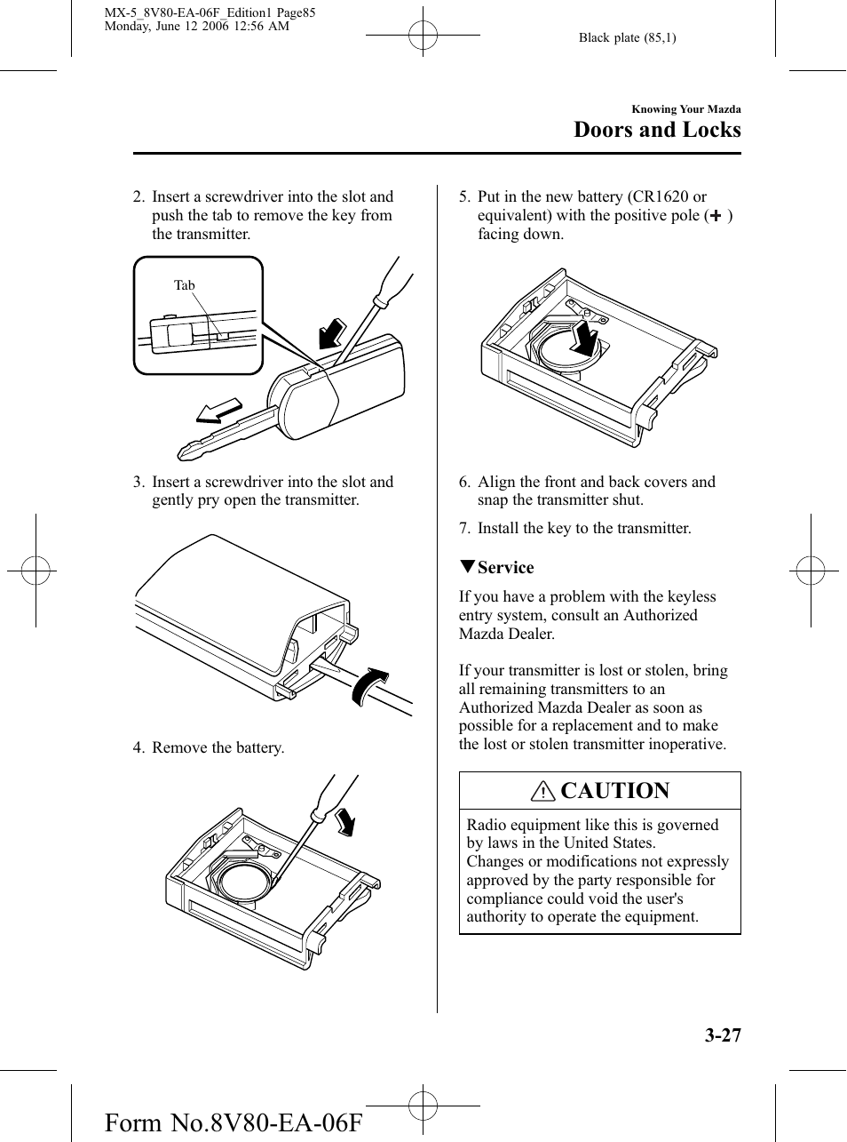 Caution, Doors and locks | Mazda MX-5 User Manual | Page 86 / 407