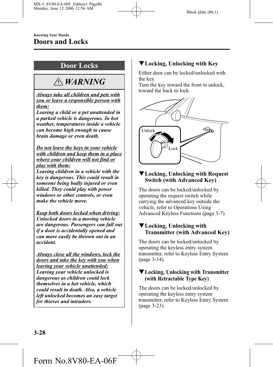 Door locks, Door locks -28, Warning | Doors and locks | Mazda MX-5 User Manual | Page 87 / 407