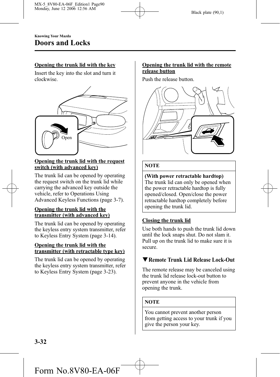 Doors and locks | Mazda MX-5 User Manual | Page 91 / 407