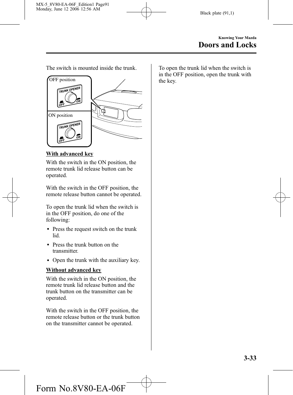 Doors and locks | Mazda MX-5 User Manual | Page 92 / 407