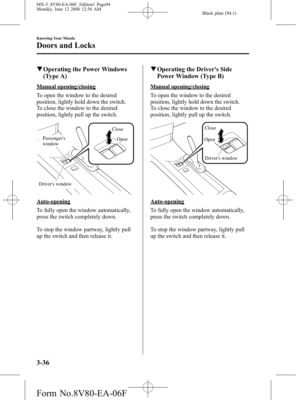 Doors and locks | Mazda MX-5 User Manual | Page 95 / 407