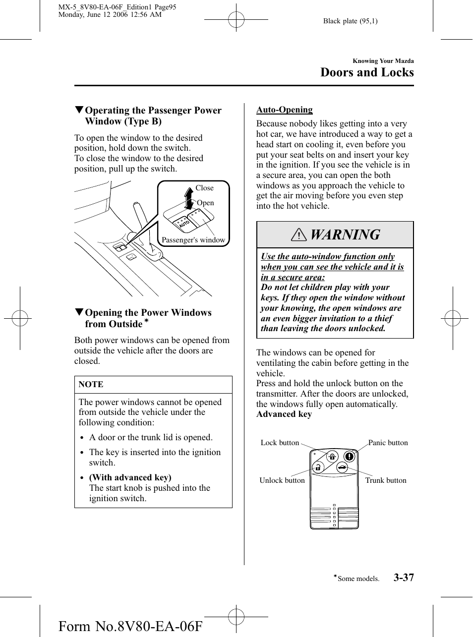 Warning, Doors and locks | Mazda MX-5 User Manual | Page 96 / 407