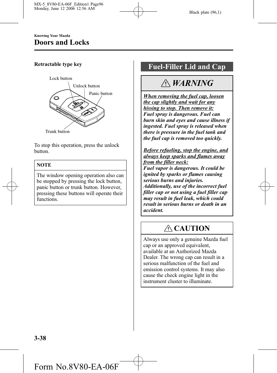 Fuel-filler lid and cap, Fuel-filler lid and cap -38, Warning | Caution, Doors and locks | Mazda MX-5 User Manual | Page 97 / 407