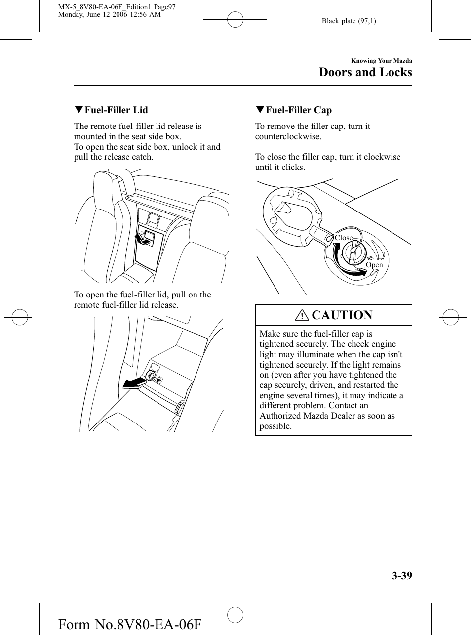Caution, Doors and locks | Mazda MX-5 User Manual | Page 98 / 407
