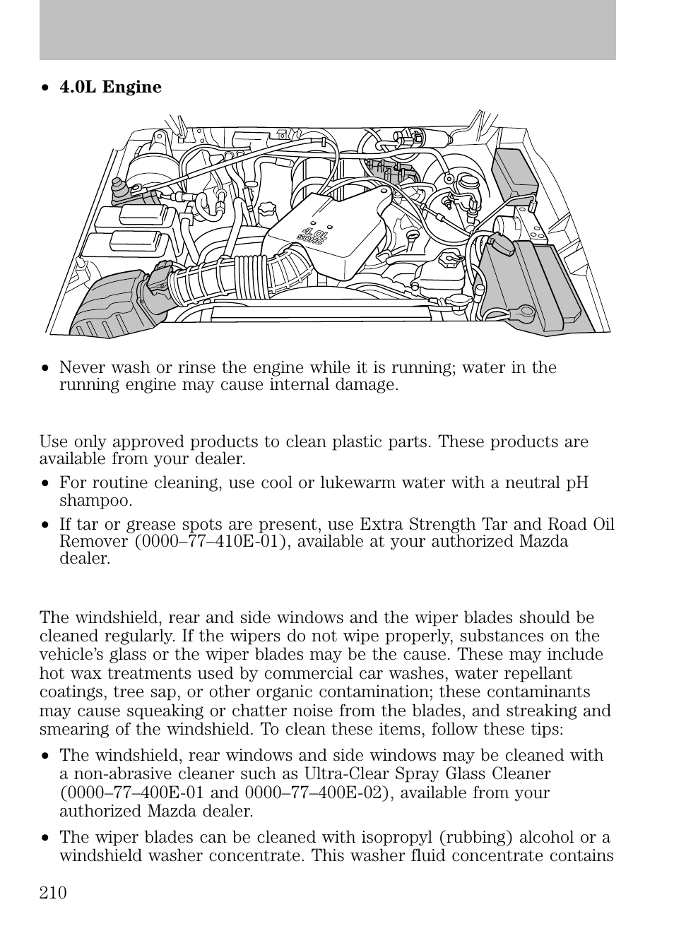 Plastic (non-painted) exterior parts, Windows and wiper blades, Cleaning | Mazda 2008 B2300 Truck User Manual | Page 210 / 280