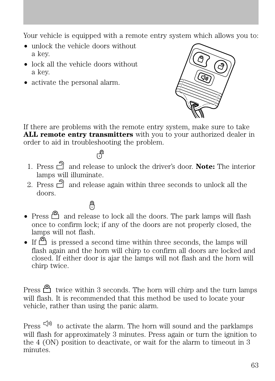 Unlocking the doors, Locking the doors, Car finder | Sounding a panic alarm, Locks and security | Mazda 2008 B2300 Truck User Manual | Page 63 / 280