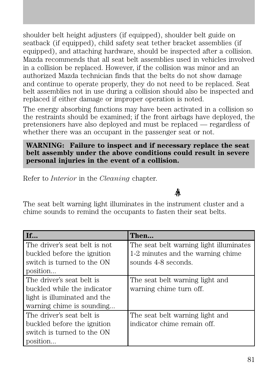 Seat belt warning light and indicator chime, Conditions of operation, Seating and safety restraints | Mazda 2008 B2300 Truck User Manual | Page 81 / 280