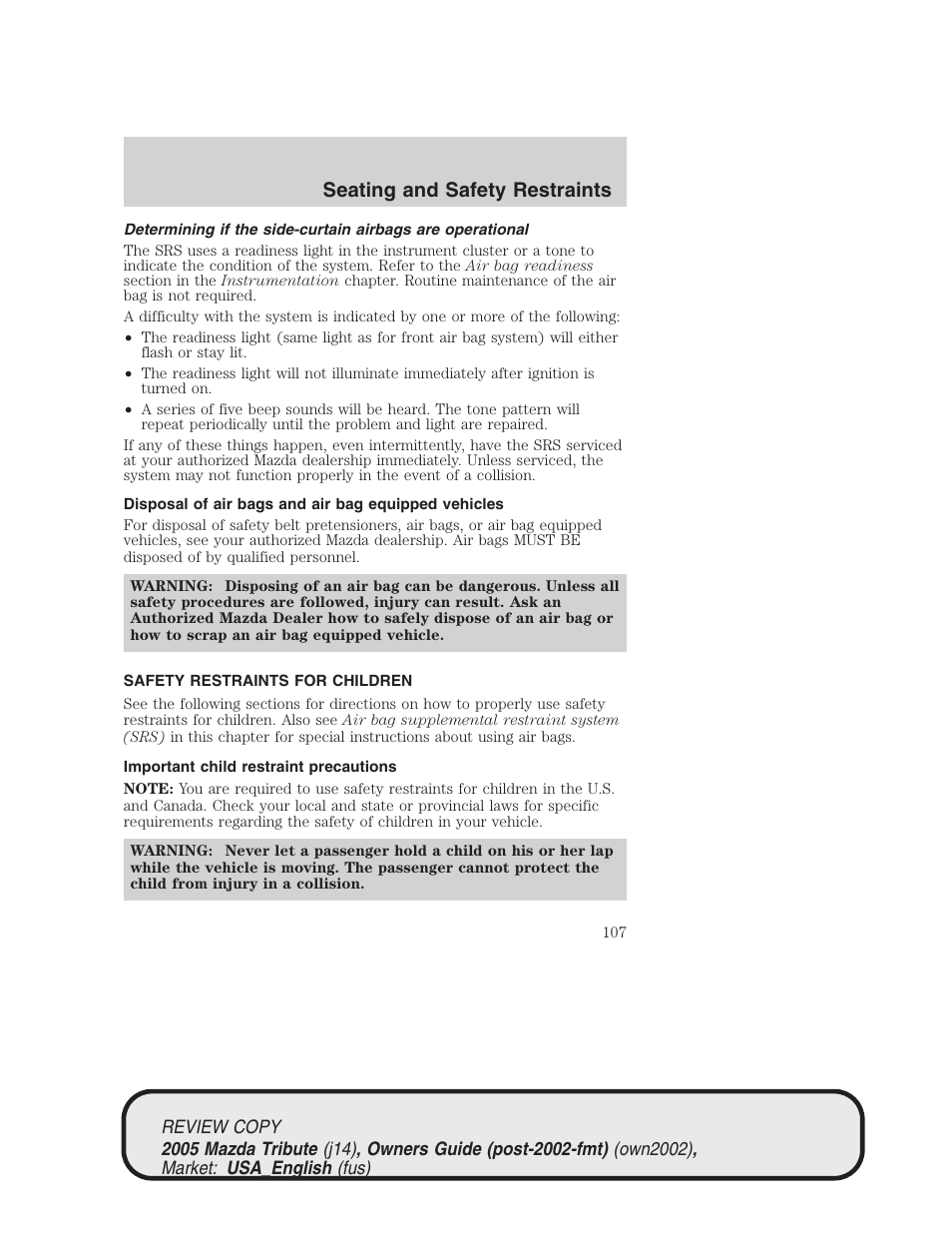 Seating and safety restraints | Mazda 2005 Tribute User Manual | Page 107 / 272