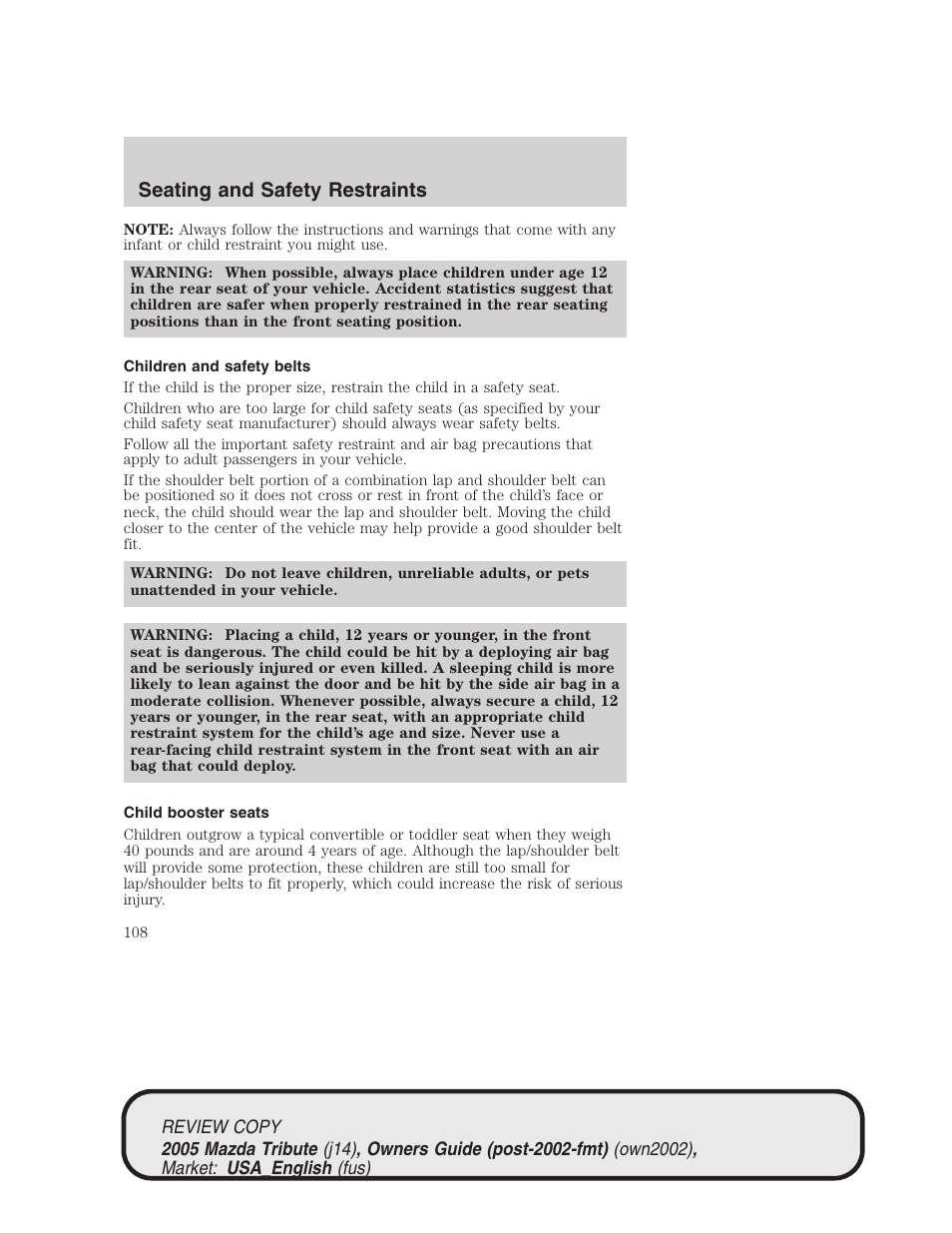 Seating and safety restraints | Mazda 2005 Tribute User Manual | Page 108 / 272