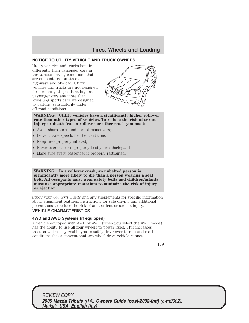 Tires, wheels and loading | Mazda 2005 Tribute User Manual | Page 119 / 272
