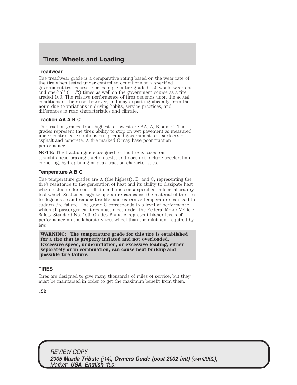 Tires, wheels and loading | Mazda 2005 Tribute User Manual | Page 122 / 272
