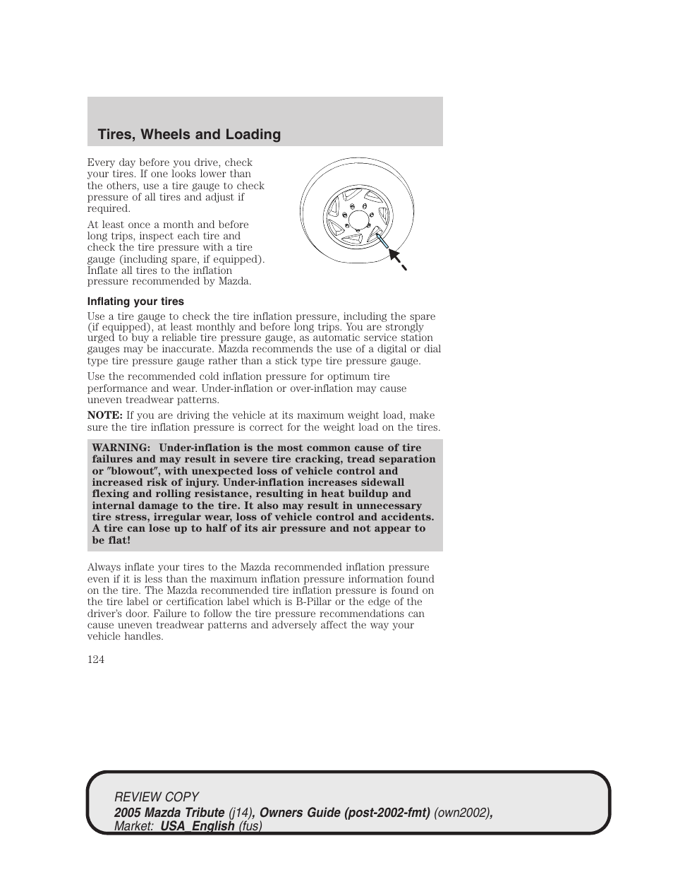 Tires, wheels and loading | Mazda 2005 Tribute User Manual | Page 124 / 272