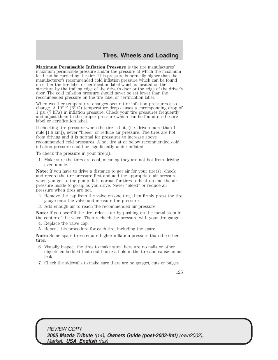 Tires, wheels and loading | Mazda 2005 Tribute User Manual | Page 125 / 272