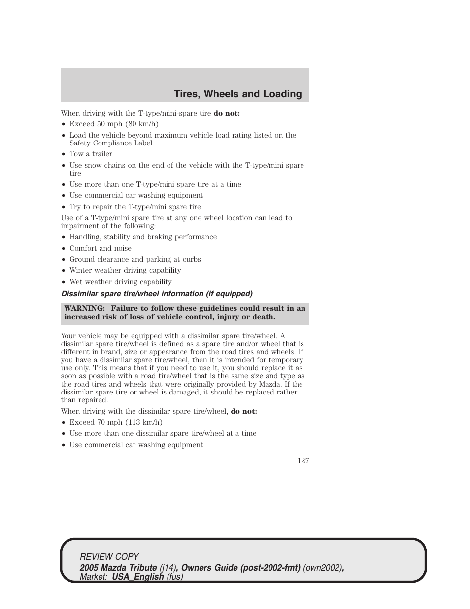 Tires, wheels and loading | Mazda 2005 Tribute User Manual | Page 127 / 272