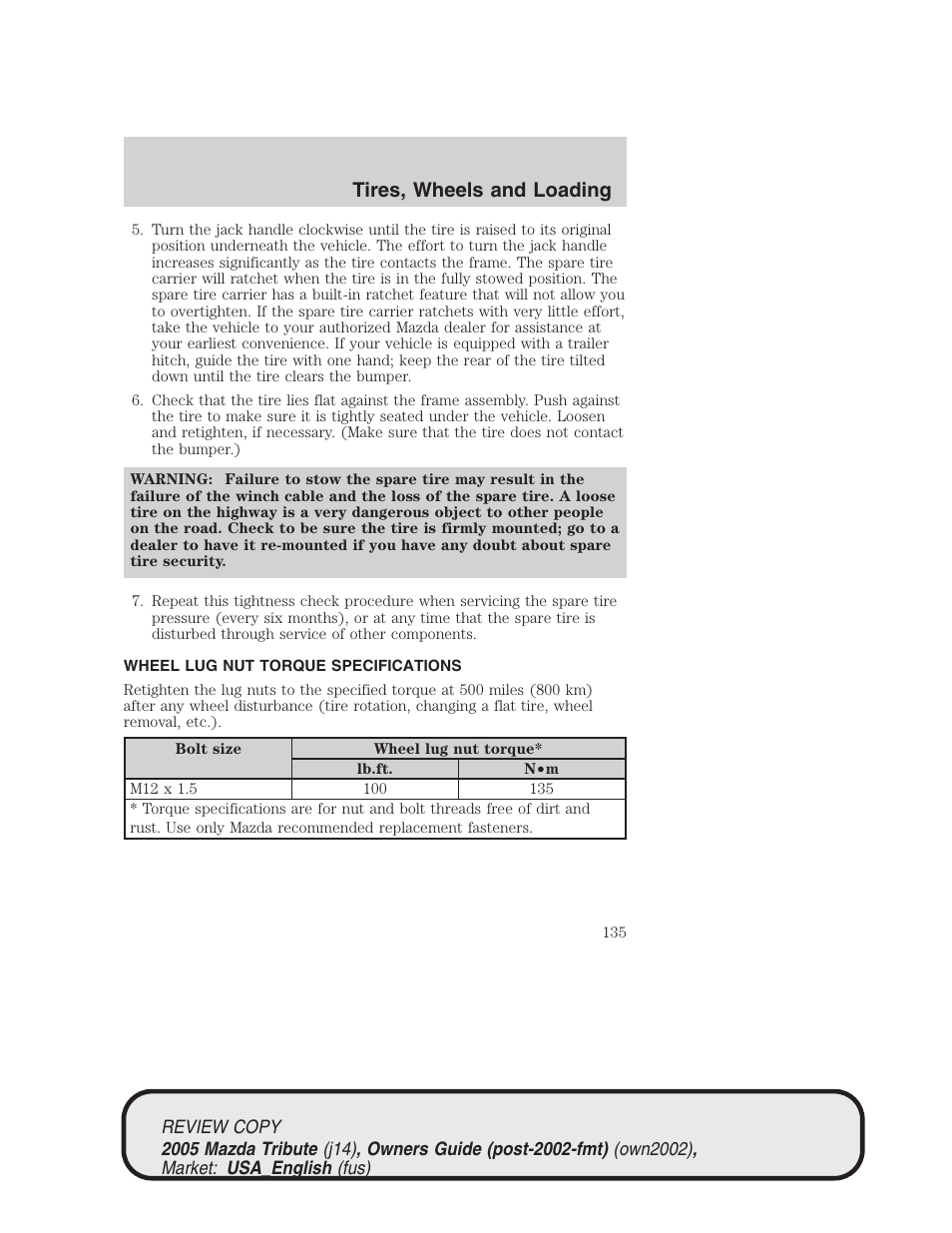 Tires, wheels and loading | Mazda 2005 Tribute User Manual | Page 135 / 272