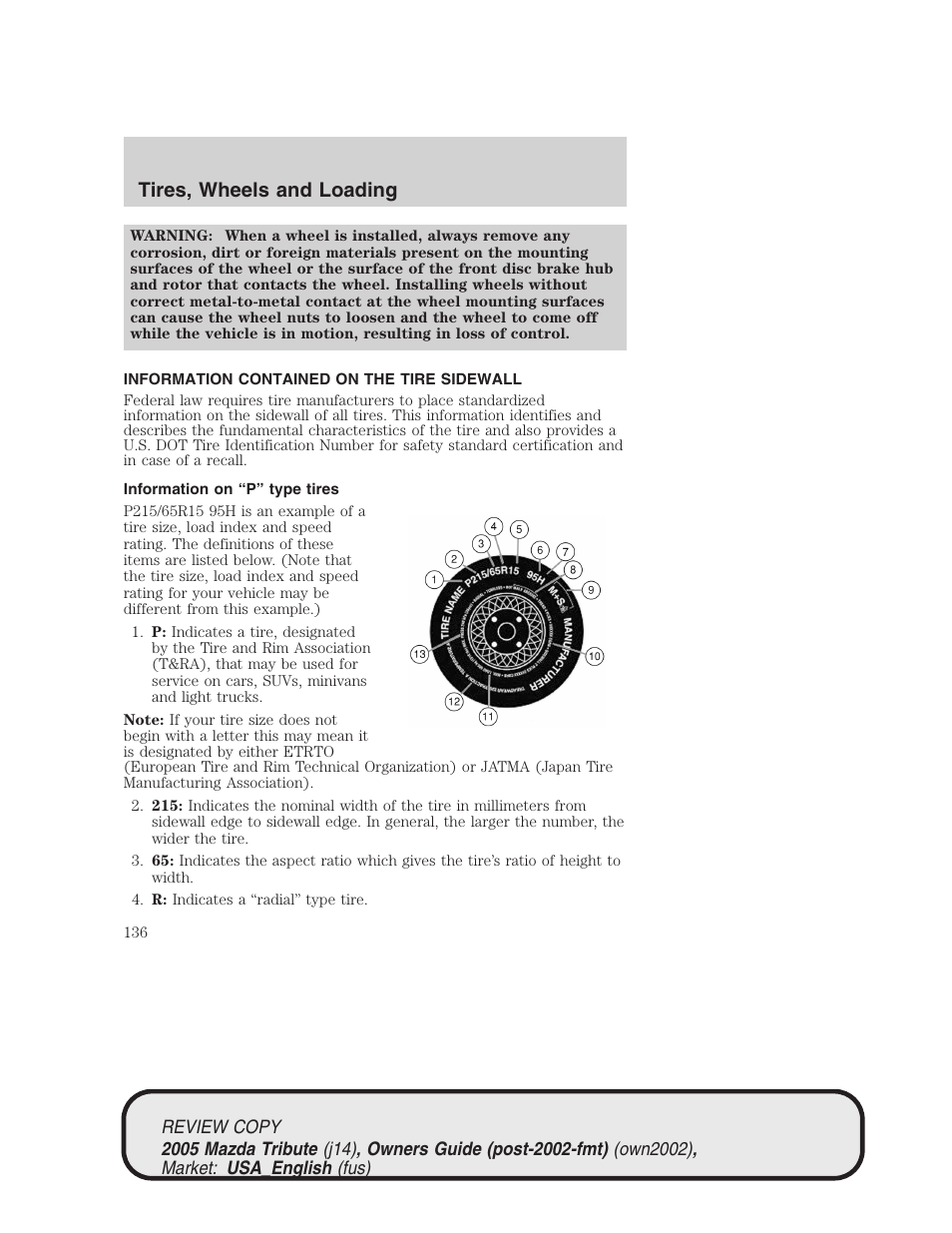 Tires, wheels and loading | Mazda 2005 Tribute User Manual | Page 136 / 272