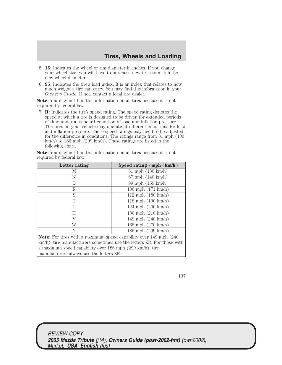 Tires, wheels and loading | Mazda 2005 Tribute User Manual | Page 137 / 272