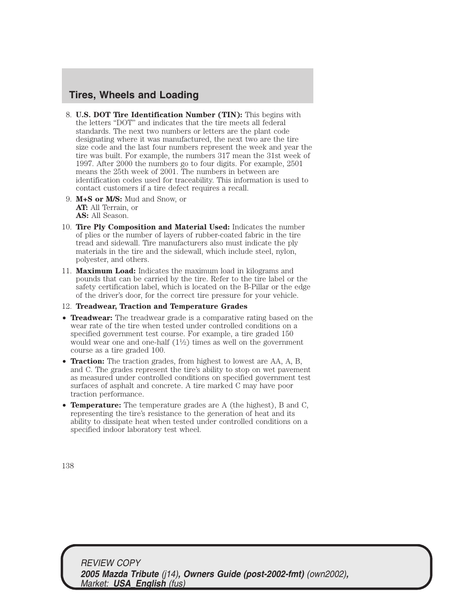 Tires, wheels and loading | Mazda 2005 Tribute User Manual | Page 138 / 272