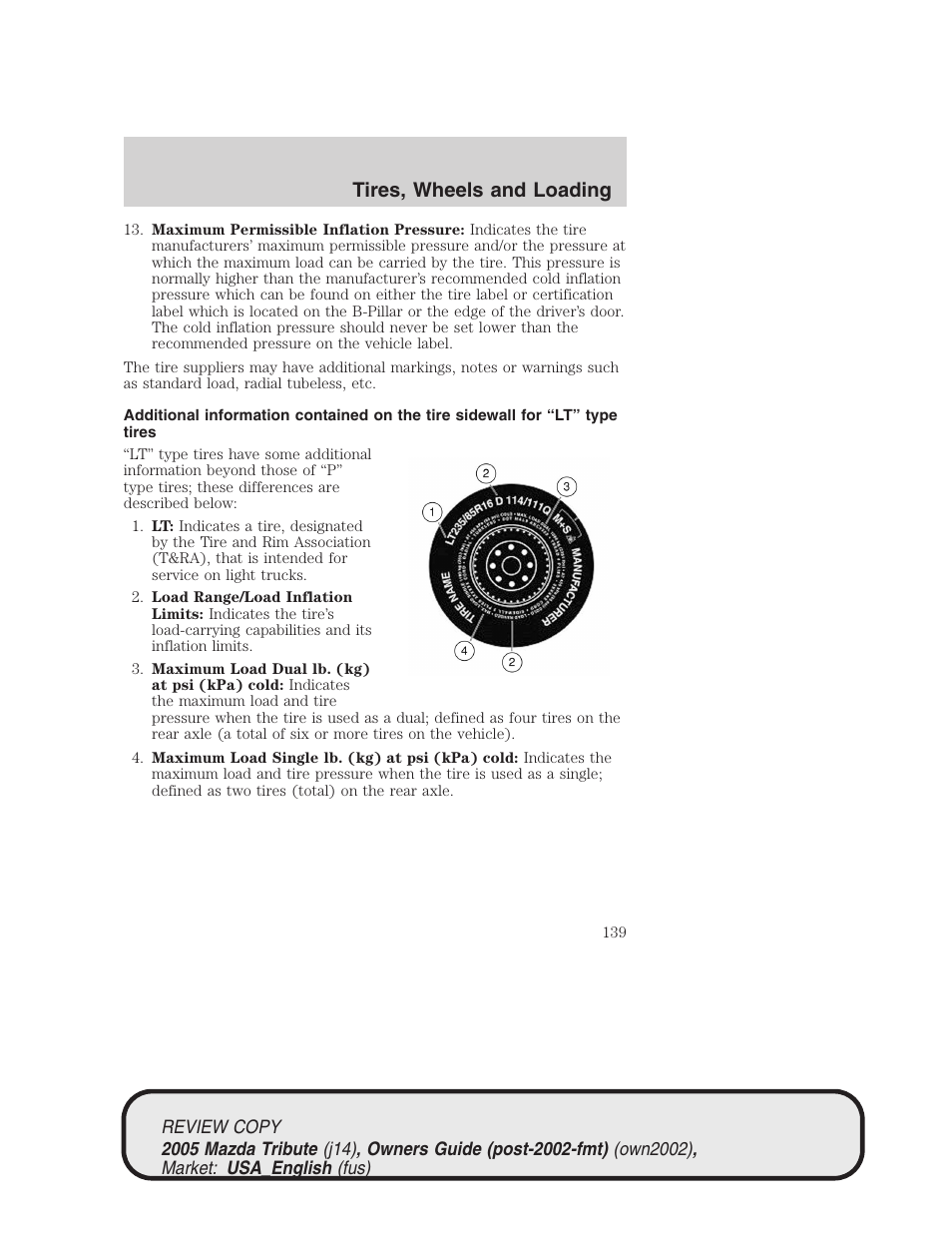 Tires, wheels and loading | Mazda 2005 Tribute User Manual | Page 139 / 272