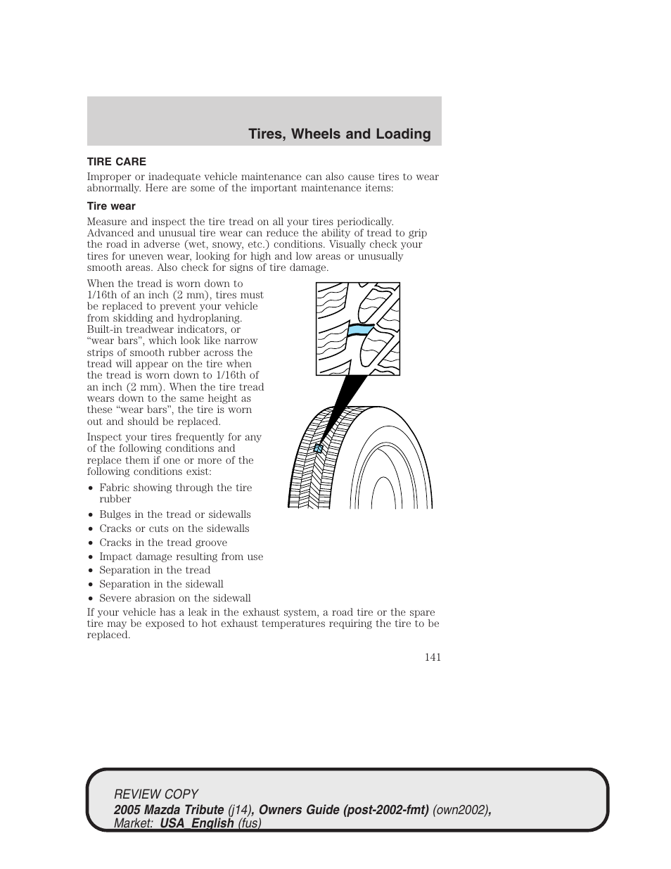 Tires, wheels and loading | Mazda 2005 Tribute User Manual | Page 141 / 272