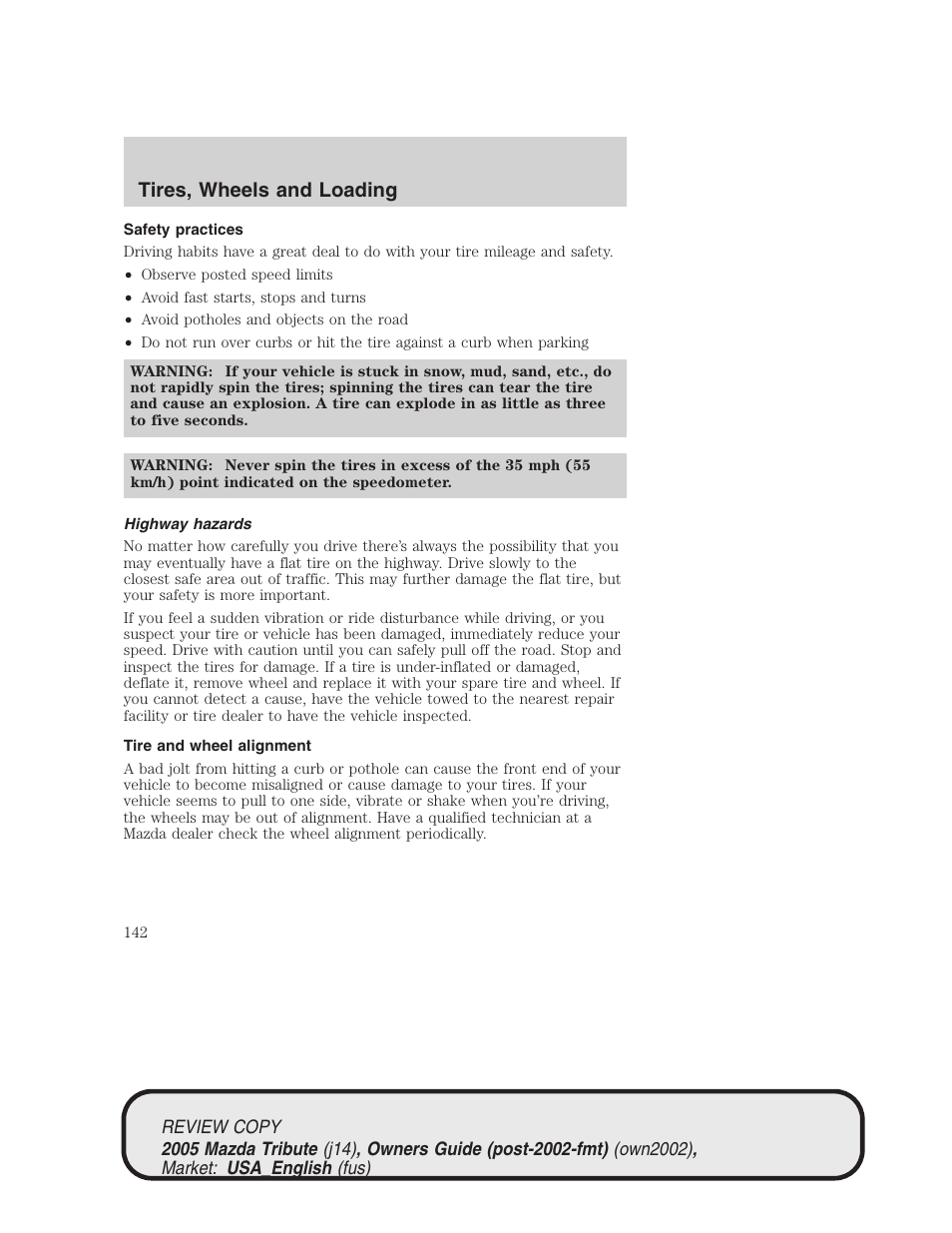 Tires, wheels and loading | Mazda 2005 Tribute User Manual | Page 142 / 272