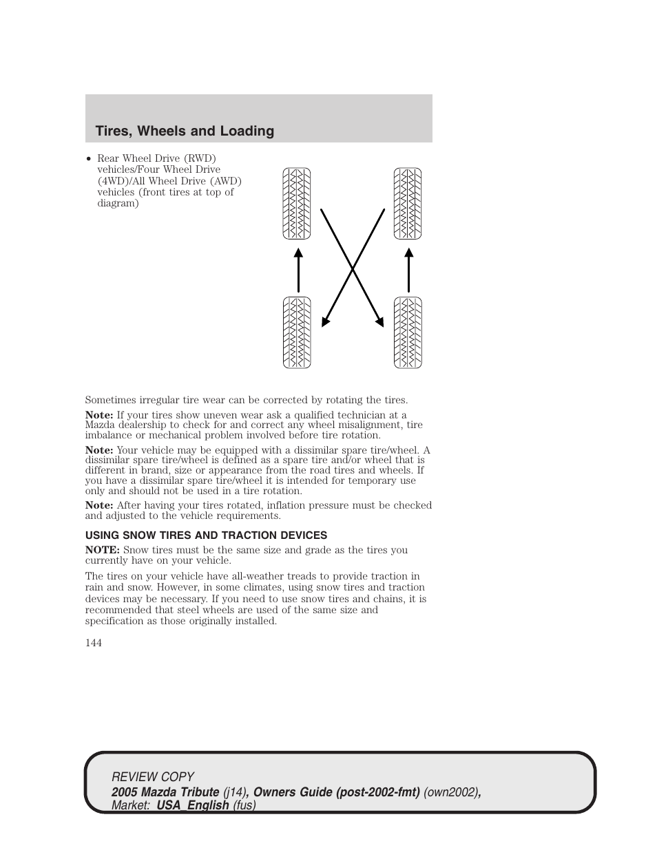 Tires, wheels and loading | Mazda 2005 Tribute User Manual | Page 144 / 272