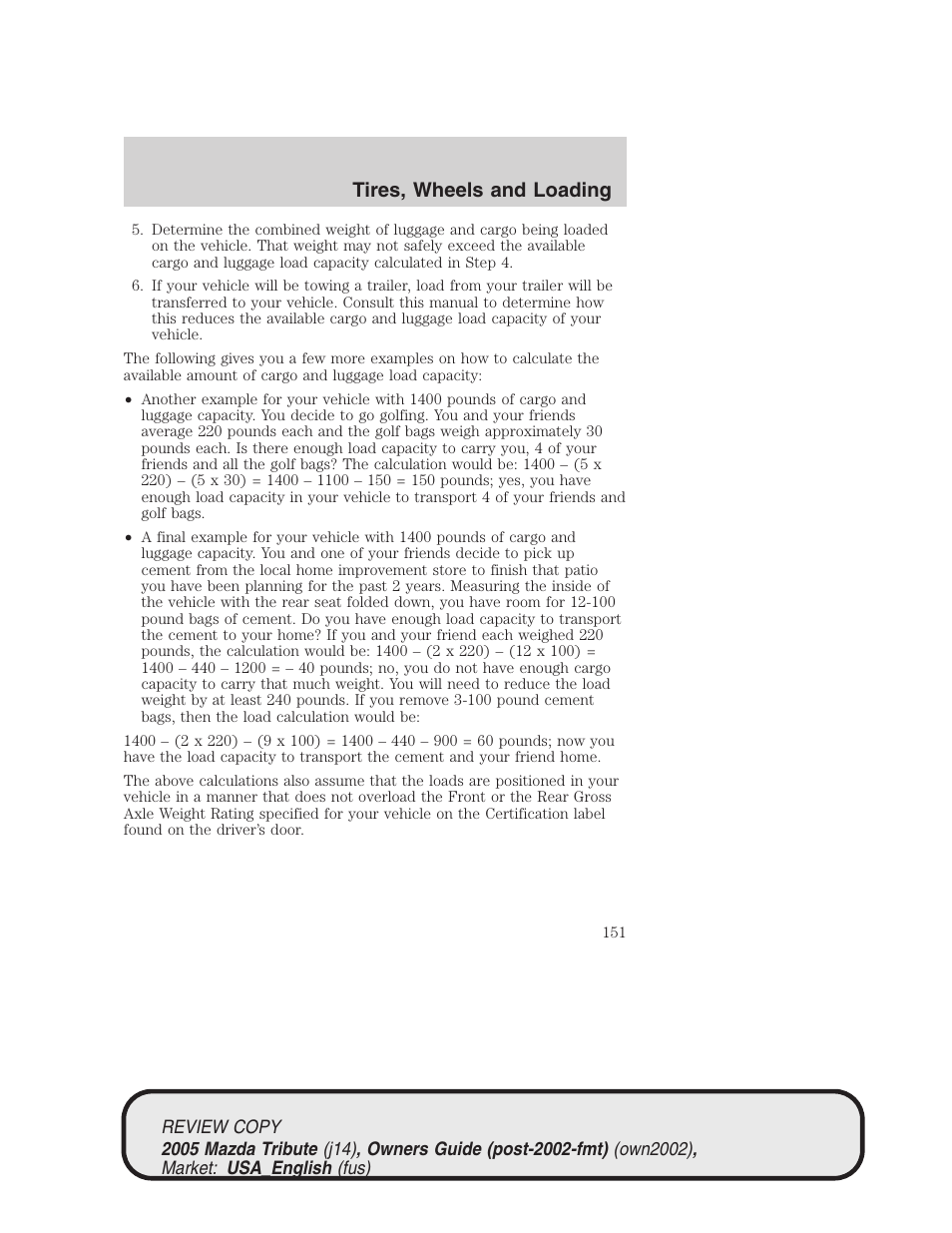 Tires, wheels and loading | Mazda 2005 Tribute User Manual | Page 151 / 272