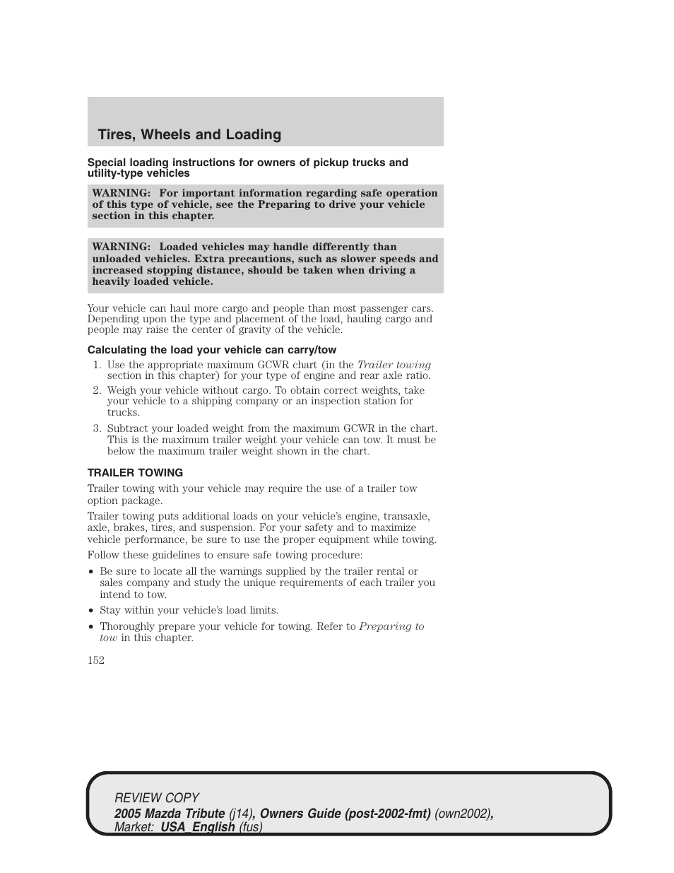 Tires, wheels and loading | Mazda 2005 Tribute User Manual | Page 152 / 272